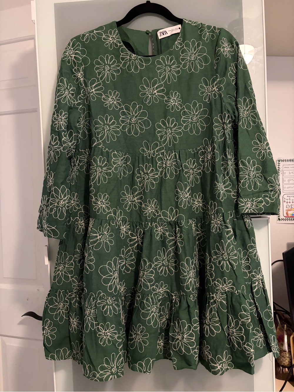 Zara Dark Green Floral Tiered Dress with White Daisy Outline